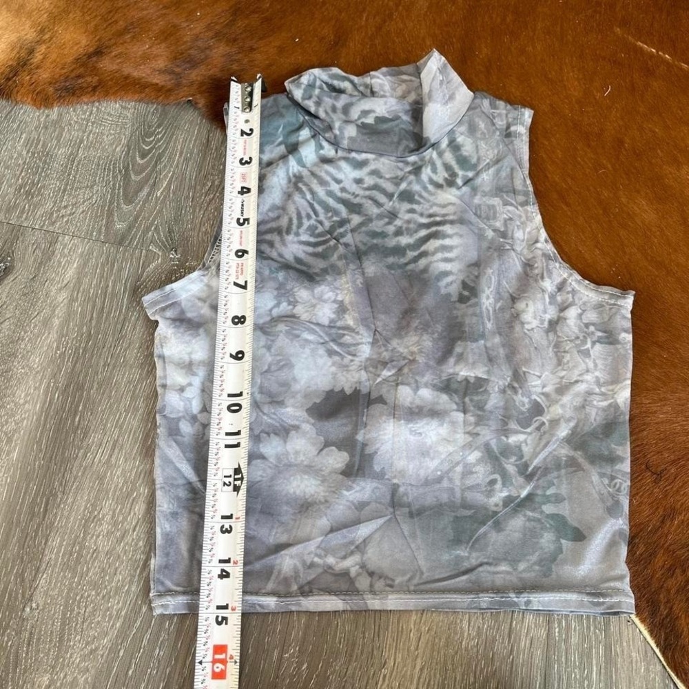 Cheryl Creations Vintag Grey Floral Tiger Print Mock Neck Sleeveless Mesh Top XS - Picture 5 of 5